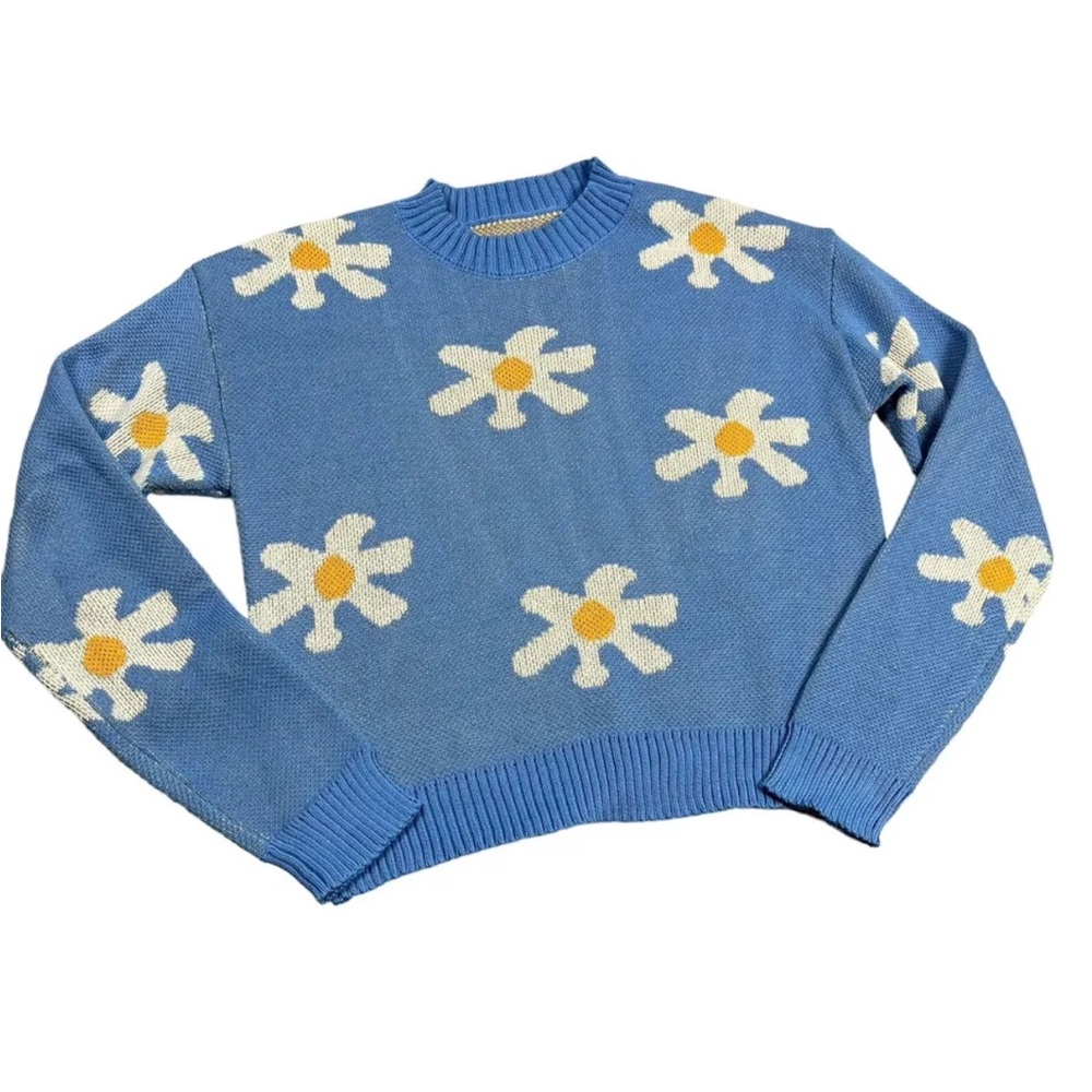 Shein Women’s Blue Daisy Crop Pullover Sweater Size US 6